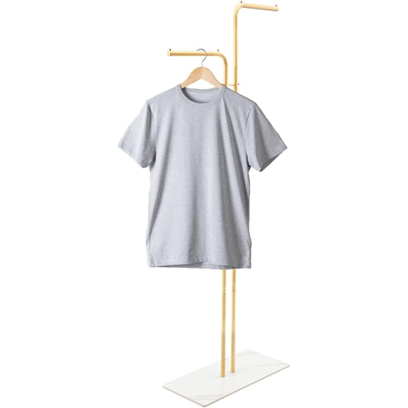 Freestanding Coat Rack with Double L-Shaped Gold Rods and White Slate Base for Clothes Hats Bags Storage Organizer for Home Office Use
