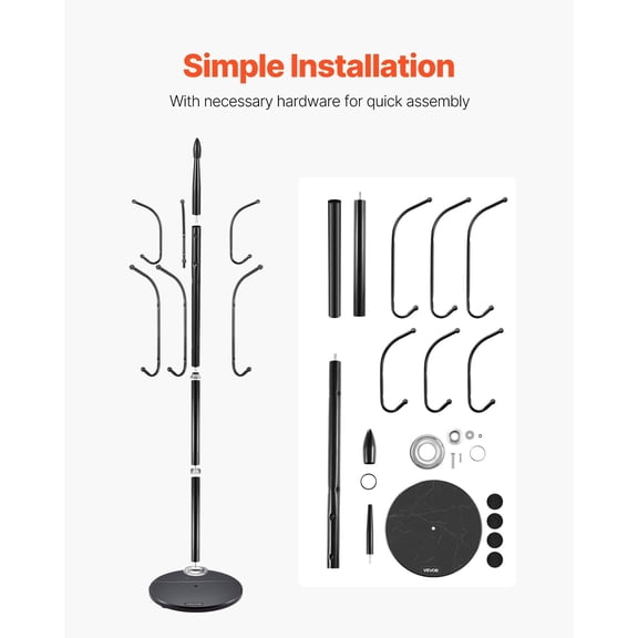 Freestanding Coat Rack with Heavy Marble Base, 6 Multi-Function Hooks, Sturdy Stand for Entryway, Bedroom, Office, Hallway Storage Organization