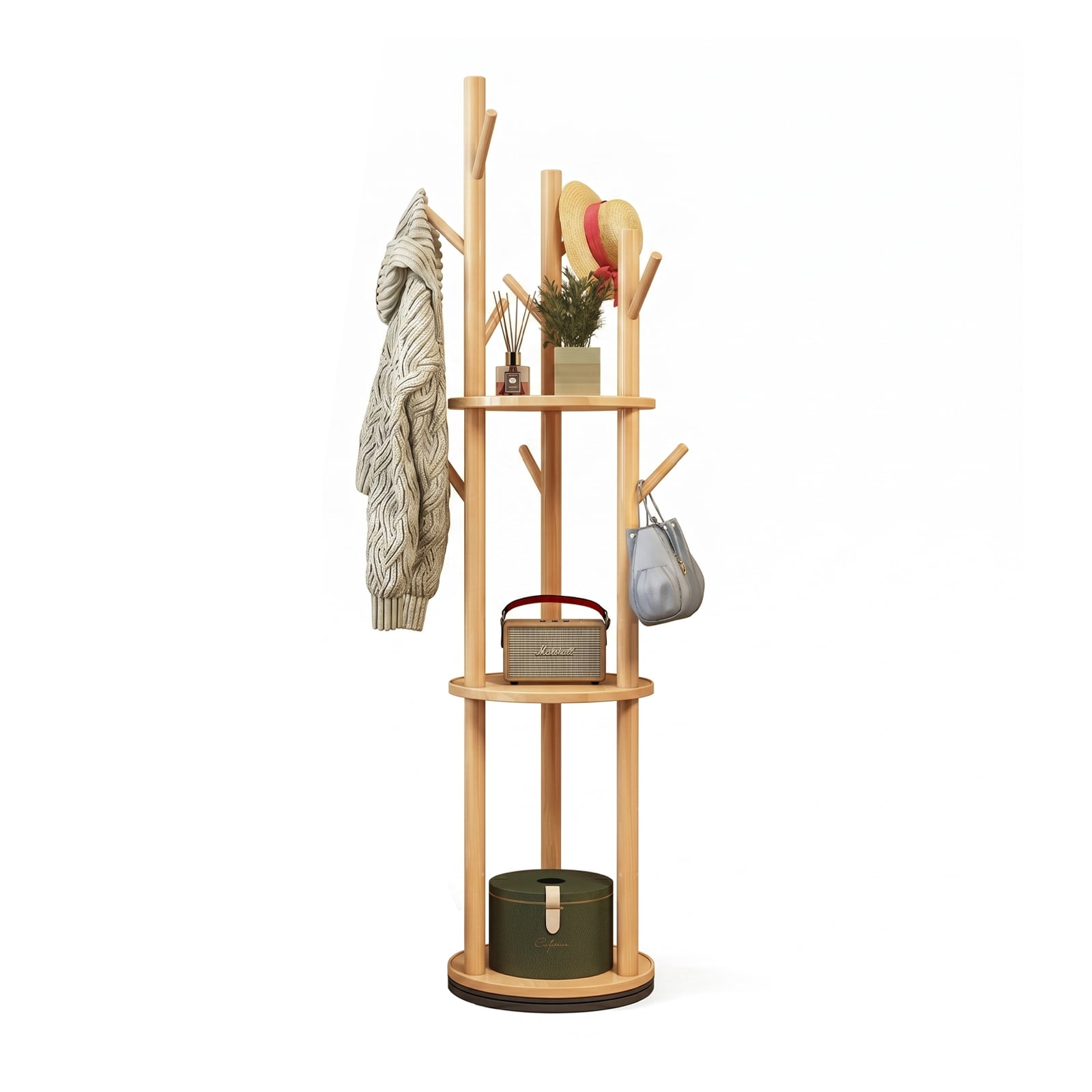 Coat Storage Rails Freestanding Coat Rack with Rotating Base, 3 Storage Shelves and 9 ...