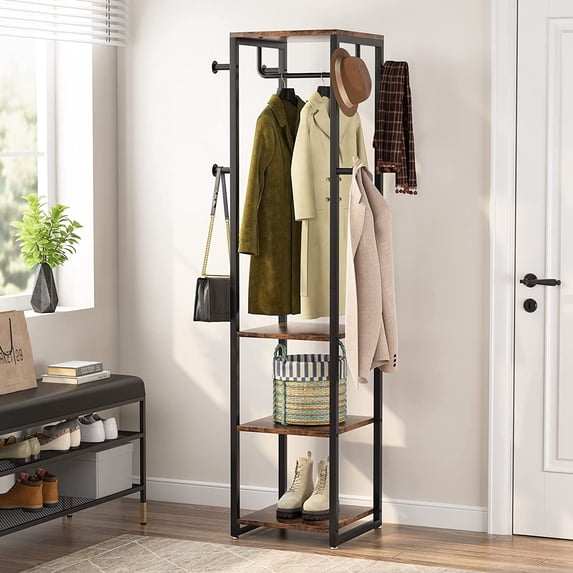 Freestanding Coat Rack with Shelves, Corner Hall Tree with 4 Shelves and 8 Hooks Rustic