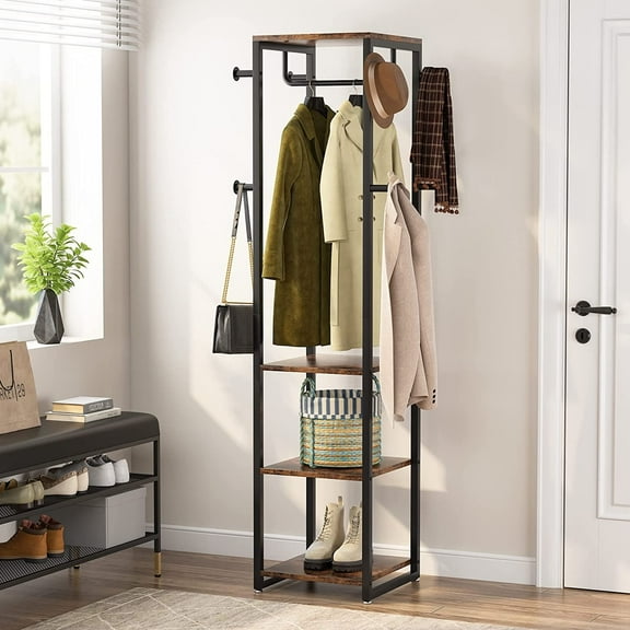Freestanding Coat Rack  with Shelves, Corner Hall Tree with 4 Shelves and 8 Hooks Rustic