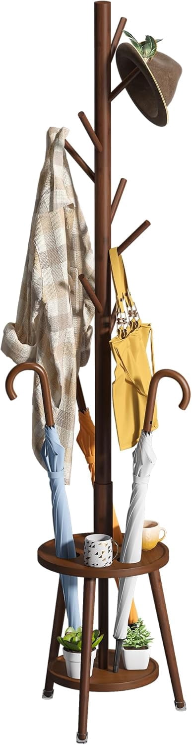 Freestanding Coat Rack with Umbrella Organizer Tray Bamboo Coat Tree ...