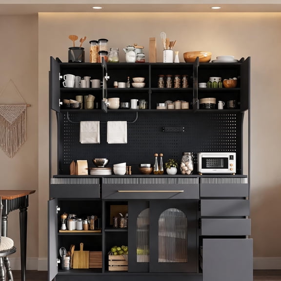 Freestanding Coffee Bar Storage Cabinet with Hutch, 63-Inch, Black-Toned MDF and Glass, Built-In Power Outlet