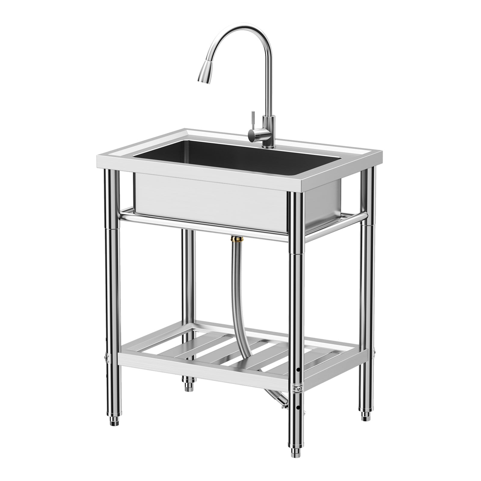 Freestanding Commercial Stainless Steel Sink,Single Bowl Kitchen Sink with Water Pipes,Adjustable Legs,Suitable for Laundry Room,Farmhouse(Water Pipe)