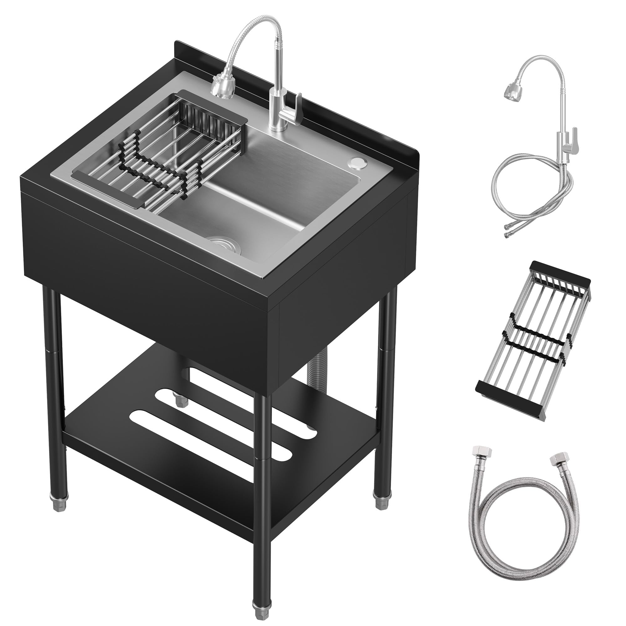 Freestanding Commercial Stainless Steel Utility Sink 26" Single Bowl with Black Powder Coated Finish, Hot & Cold 360° Swivel Faucet Garage, Outdoor