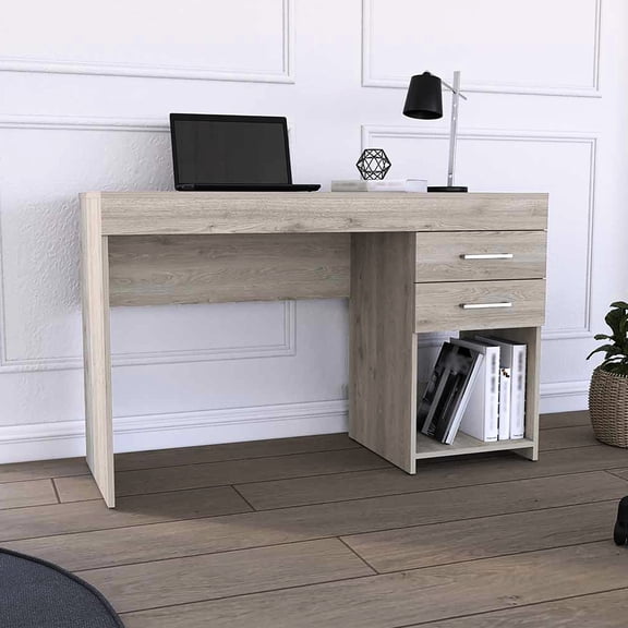 Freestanding Computer Desk In Gray With Two Drawers And Extra Shelf Function