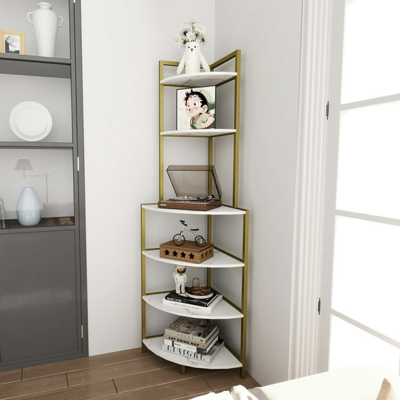 Freestanding Corner Bookshelf, Modern Simple Style, Metal Frame Six-layer Corner Bookshelf, Suitable For Small Space, Bedroom, Living Room Corner Bookshelf, Utility Racks