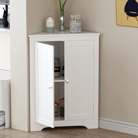 Freestanding Corner Storage Cabinet with 2 Doors & Adjustable Shelves, Narrow Floor Organizer Cabinet for Bathroom, Kitchen, Living Room and Bedroom, White