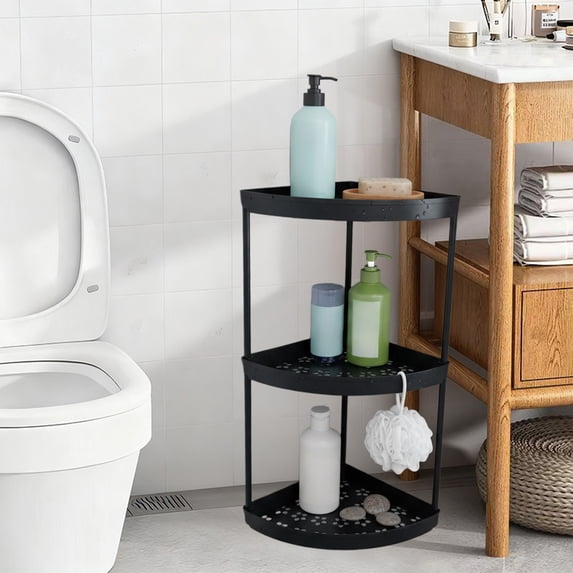 Freestanding Corner Storage Shelf for Bathroom, 2-Tier Plastic Toiletries Organizer Rack, Compact Space Saving Stand for Shower Counter Sink Black