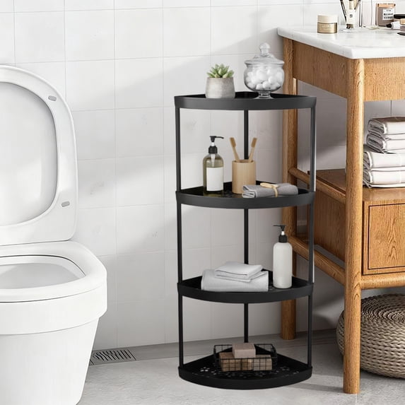 Freestanding Corner Storage Shelf for Bathroom, 3-Tier Plastic Toiletries Organizer Rack, Tall Space Saving Stand for Shower Counter Sink Black