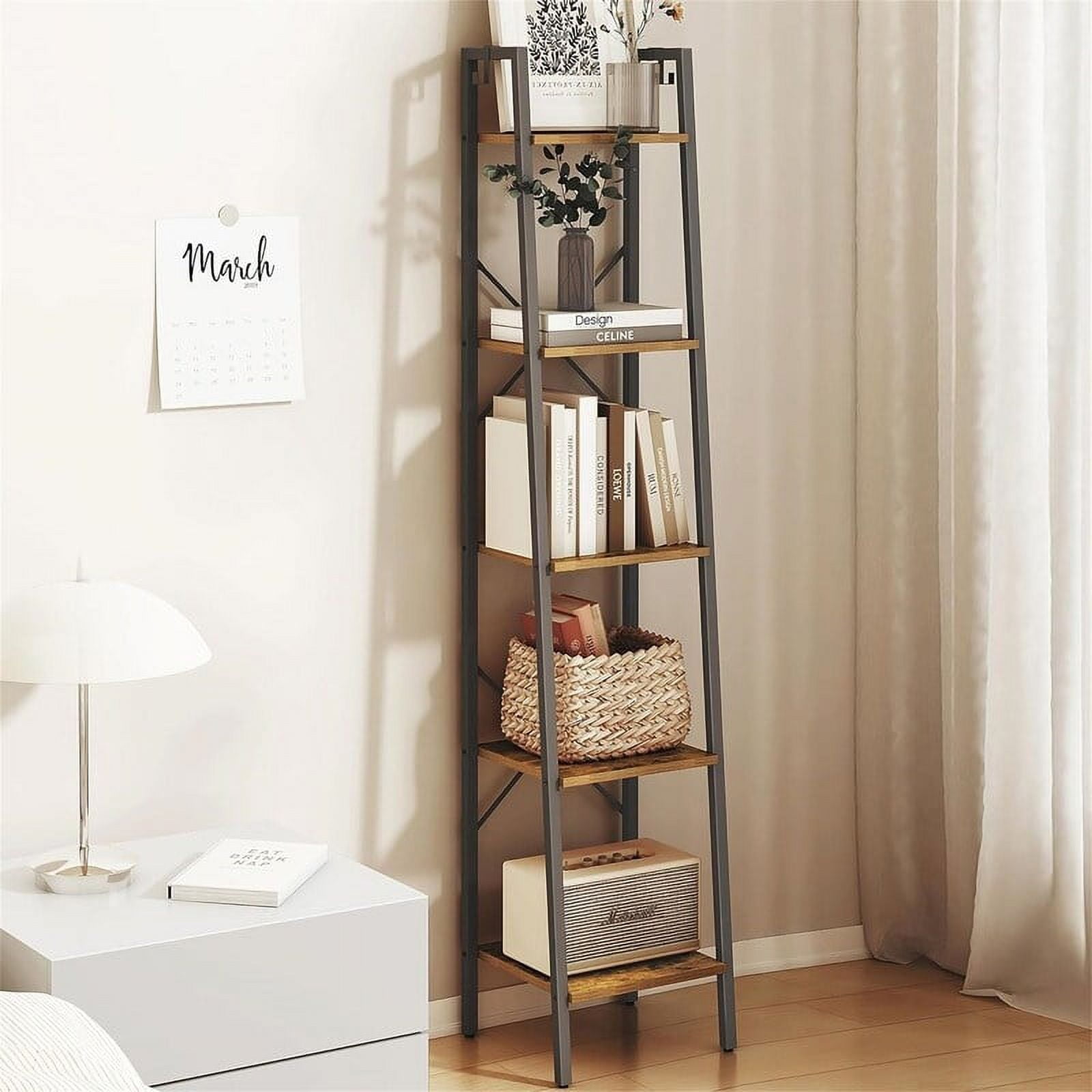 Rustic Brown 5-Tier Industrial Corner Ladder Shelf with Hooks