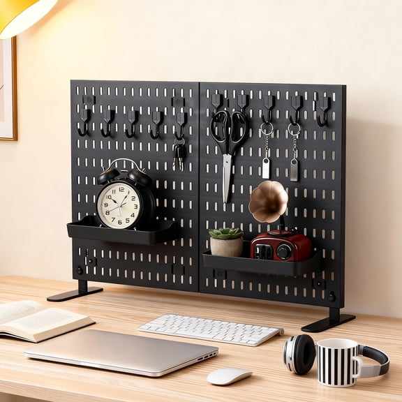 Freestanding Desk Pegboard Organizer with Hooks & Shelves, 23.6” x 15.7” PP Plastic Desktop Peg Board Storage Rack, Office & Home Countertop Organizer (Black)