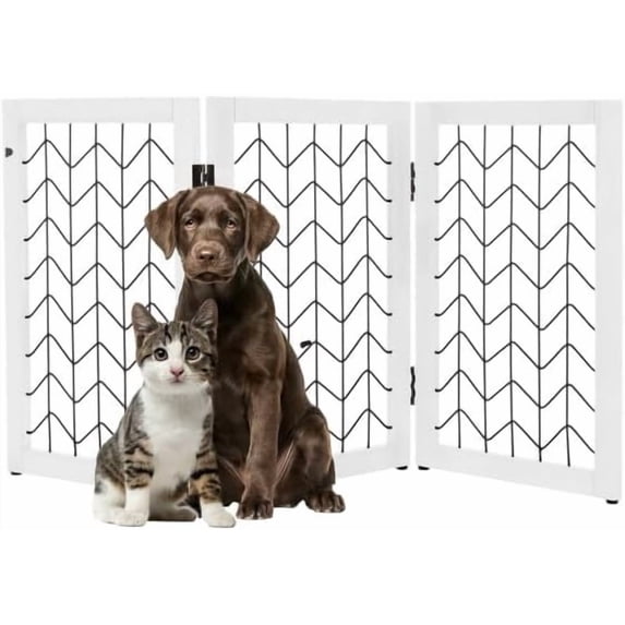 Freestanding Dog Gate - 3-Panel Foldable Indoor Pet Fence - 55x24-Inch Sturdy Metal and Wood Dog Gate - Pet Barrier for Stairs, Hallways, Doorways, or Small Openings by PETMAKER (White)