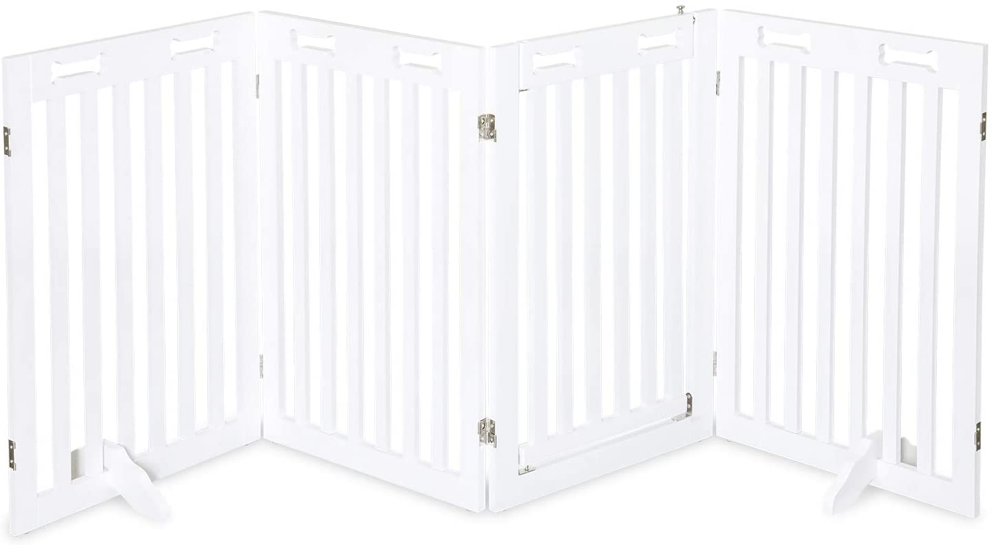 Freestanding Dog Gate with Door, 4 Panel 360° configurable Wooden White