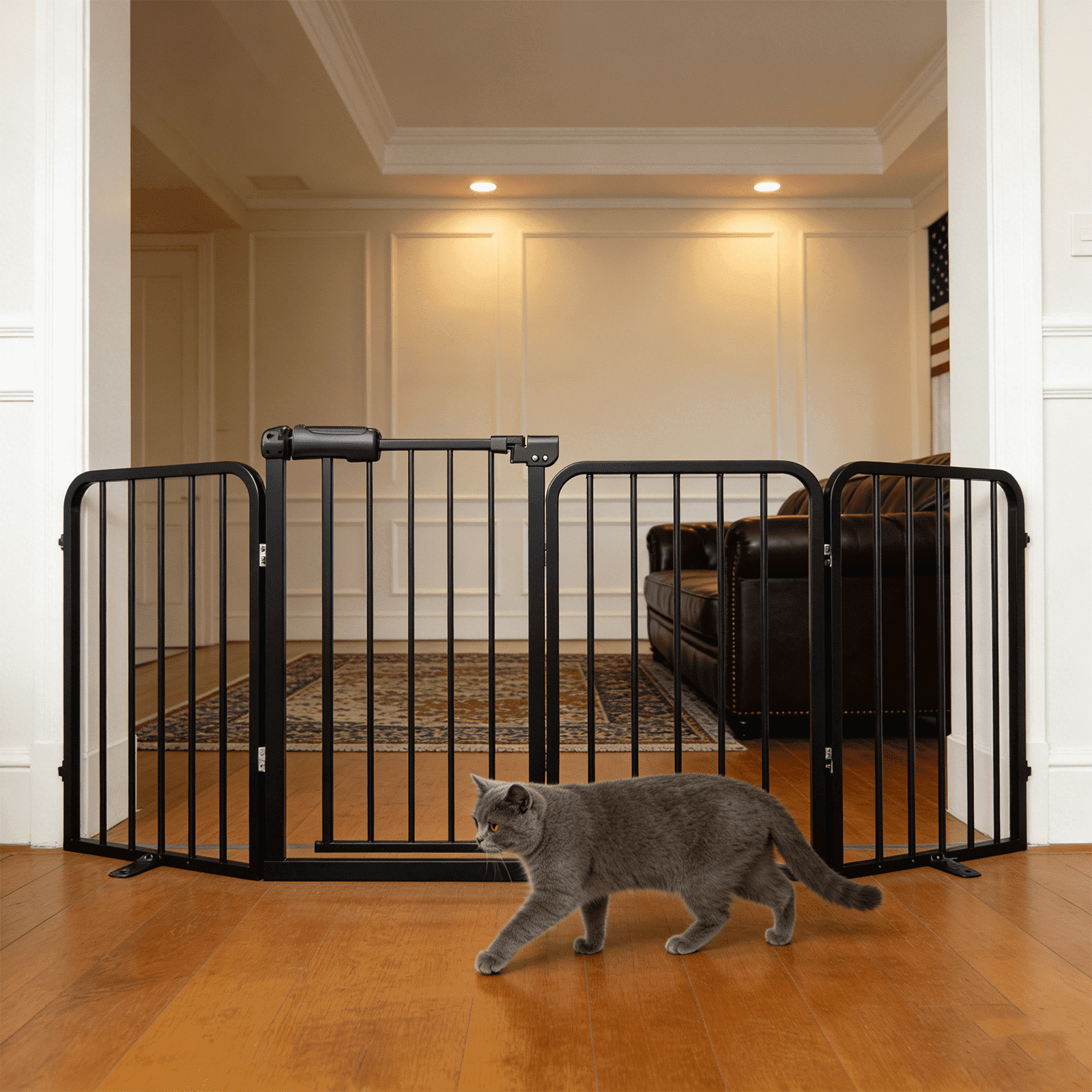 4-Panel Dog Gate with Door Freestanding Dual Lock Easy Open No Bend, 80in Adjustable for Doorway Stairs Metal