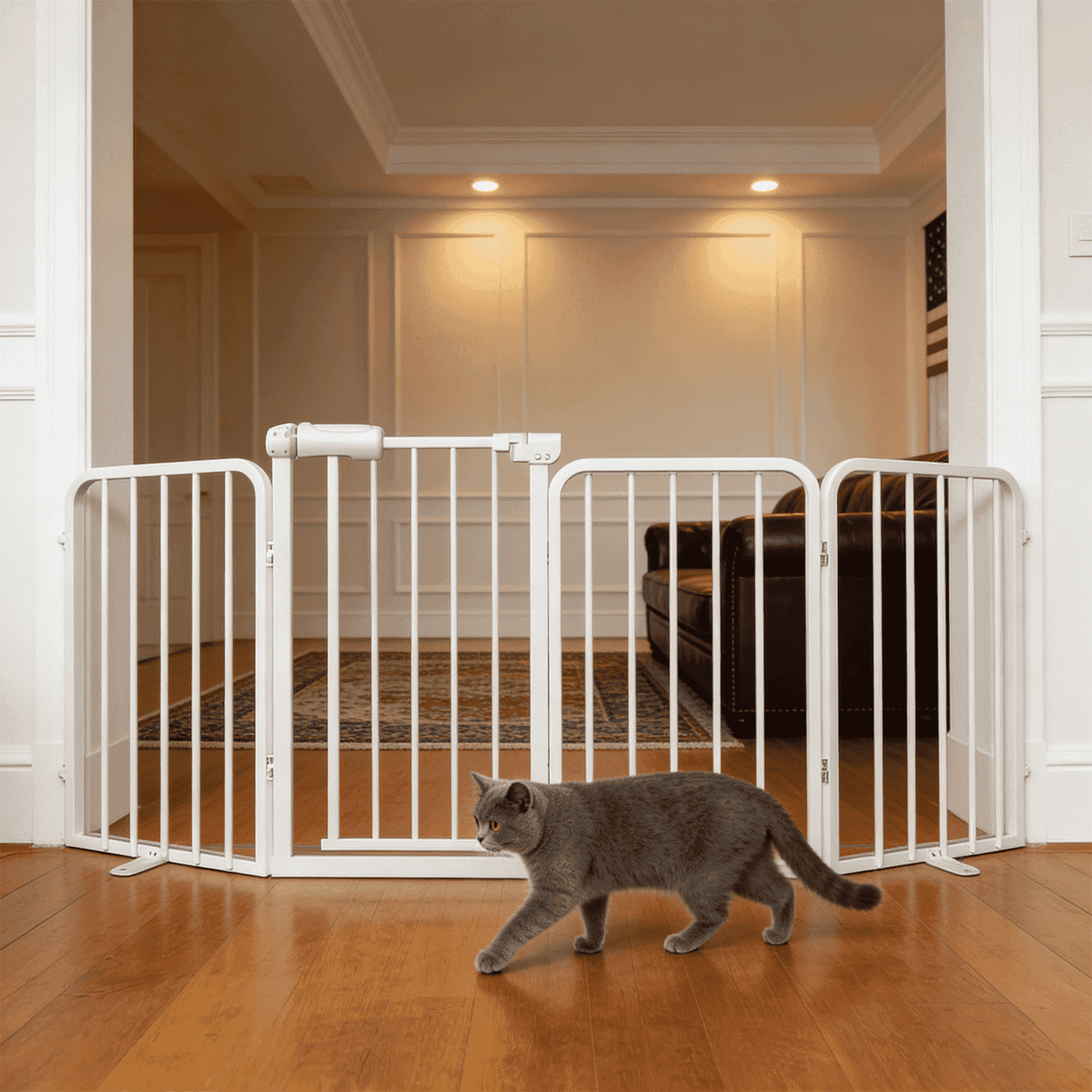 4-Panel Dog Gate with Door Freestanding Dual Lock Easy Open No Bend, 80in Adjustable for Doorway Stairs Metal