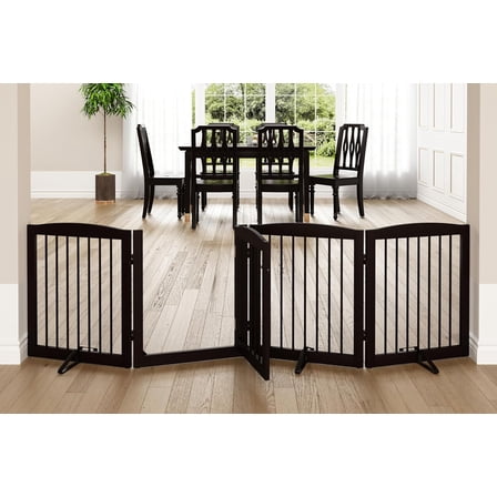 Freestanding Dog Gate with Door, Pet Gate for Stairs, 80 inch Wide Pet Barrier Indoor, Dog Fences Indoor, Support Feet Included, 4 Panels, 24" Tall, Dark Brown