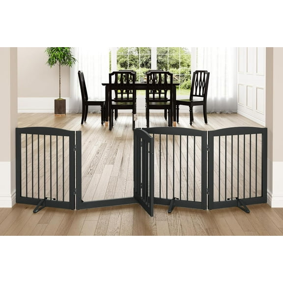 Freestanding Dog Gate with Door, Pet Gate for Stairs, 80 inch Wide Pet Barrier Indoor, Dog Fences Indoor, Support Feet Included, 4 Panels, 24" Tall, Grey