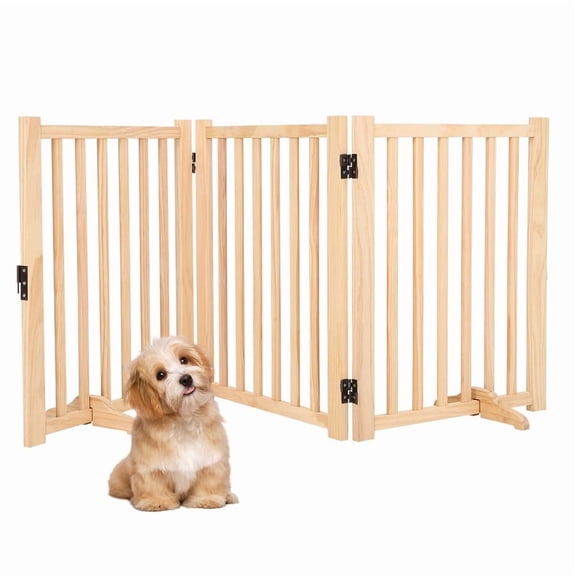 Freestanding Dog Gate Indoor, 24" H Wooden Dog Gates with Support Feet, No-Painted Folding Pet Fence for Stairs Doorway,3 Panels