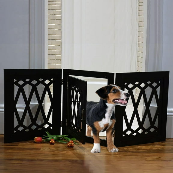 Freestanding Dog Gate With Walk Through Door, Expandable Decorative Wooden Gate for Small to Medium Pet Dogs Barrier for Stairs Doorways & Hallways Black Diamond Design