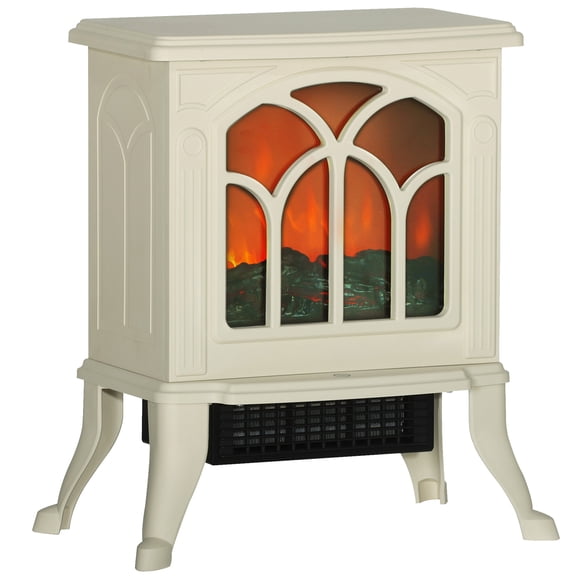 Freestanding Electric Fireplace Stove Beige Plastic 17.3H Heater with Realistic Logs and Overheat Protection for Small Room