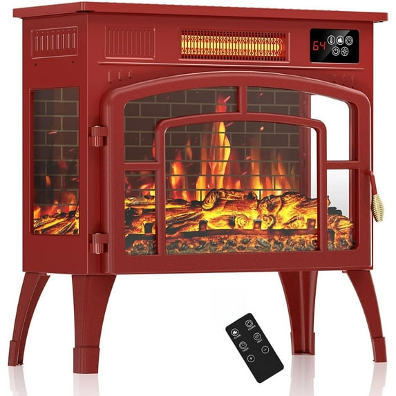 Freestanding Electric Fireplace Stove with Remote Control, 750W/1500W Infrared Fireplace Heater with 3D Flame Effect, Thermostat & Overheat Protection, Portable Fireplace for Indoor Use, Red