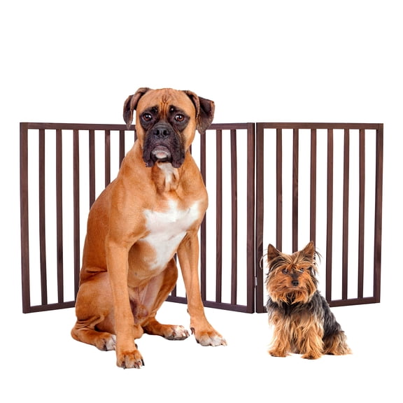 Freestanding Expandable Pet Fence, Portable Wood Finish Pet Gate for Indoor Outdoor Doorways, SpaceSaving Easy Storage Design