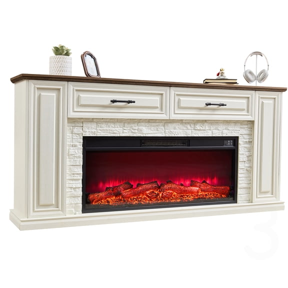 Freestanding Farmhouse TV Stand with Integrated 42 Inch Electric Fireplace Fits TVs Up to 80 Inches White MDF Media Console for Living Room Spaces