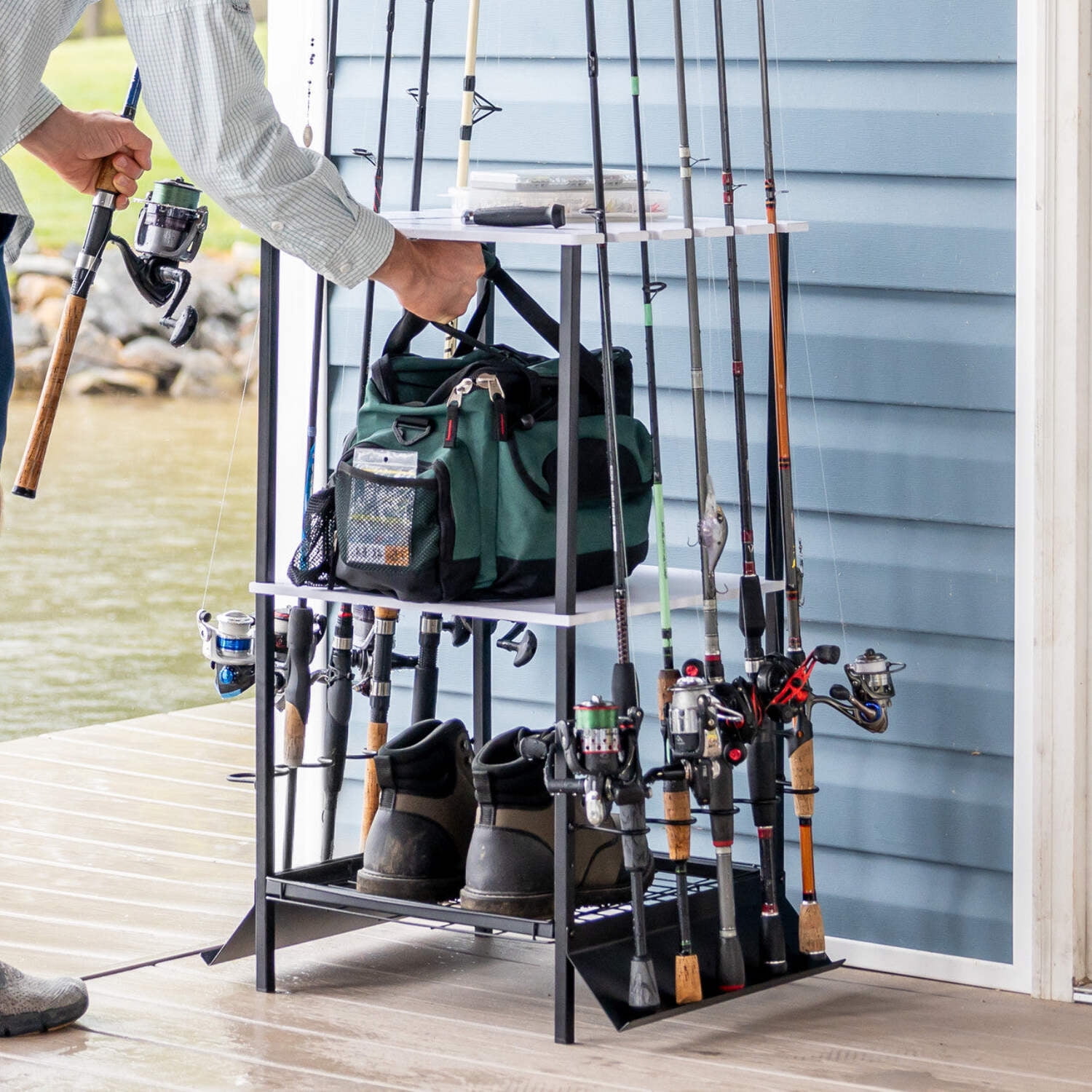 Black and White Freestanding Steel Fishing Rod Rack with Shelves