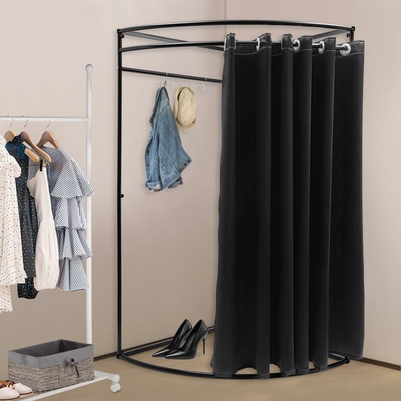 Freestanding Fitting Room 39x39x79in Black Portable Privacy Changing Booth with Light-Blocking Curtain