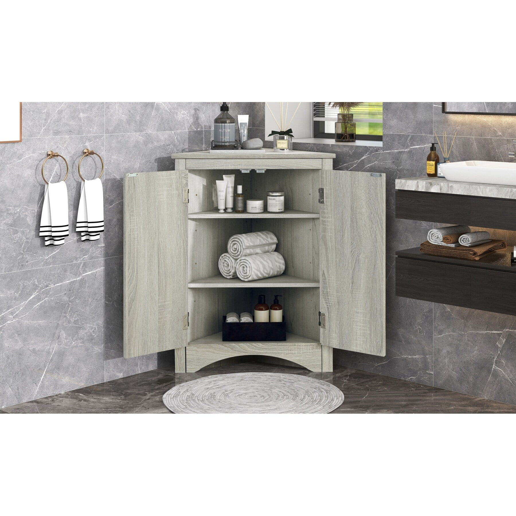 Oak Freestanding Living Room Cabinet with Adjustable Shelving