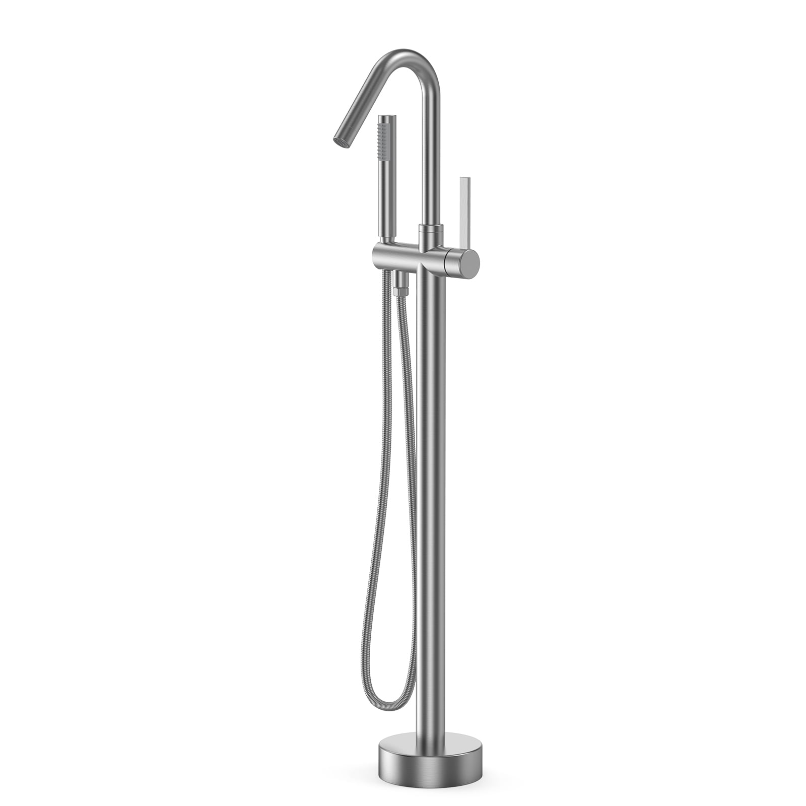 Freestanding Floor Tub Filler Standing High Flow Shower Faucets, Shower Mixer Taps, Swivel Gooseneck Spout with Cylinder Handheld Mount Bathtub Faucet, Brushed Nickel