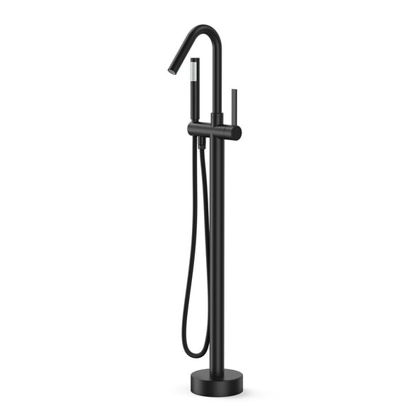Freestanding Floor Tub Filler Standing High Flow Shower Faucets, Shower Mixer Taps, Swivel Gooseneck Spout with Cylinder Handheld Mount Bathtub Faucet, Matte Black