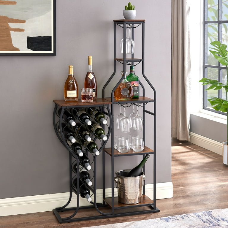 Freestanding Floor Wine Rack 5 Tier Holds 11 Bottles with Hanging Wine Glass Holder and Storage Shelves for Home Kitchen Living Room Walmart