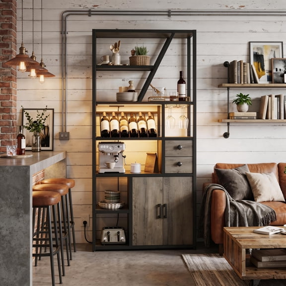 Freestanding Floor Wine Rack with Bottle Holders, Storage Display Shelf for Coffee Bar, Ideal for Kitchen, Dining Room and Compact Spaces, Grey