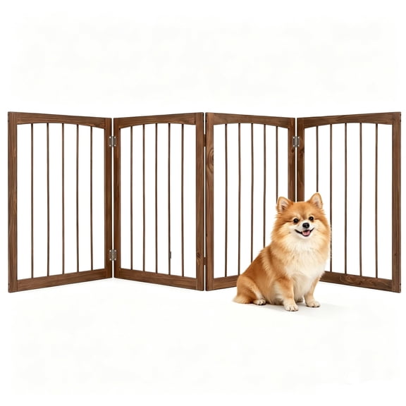 Freestanding Foldable Dog Gate Indoor, 83" W x 30" H Extra Wide,4-Panel Wooden Pet Gate for Small Medium Dogs, No Assembly Required, Wood Puppy Fence for Doorways, Stairs, Hallways