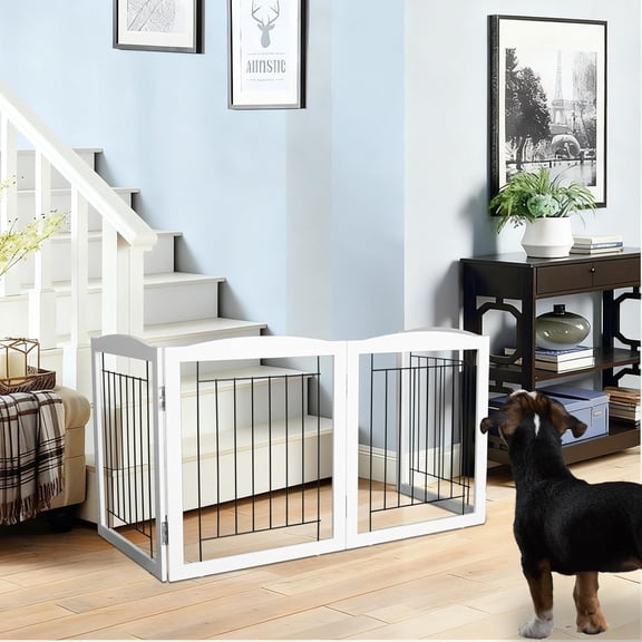 Freestanding Foldable Dog Gate for House Extra Wide Wooden White Indoor Puppy Gate Stairs Doorways Pet Gate Tall Dog Fence 3 Panels Fence