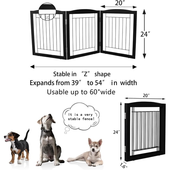 Freestanding Foldable Dog Gate for House Wide Wooden Black Indoor Puppy Gate Stairs Doorways Pet Gate Tall Dog Fence 3 Panels Fence
