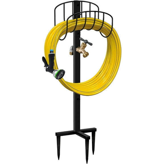 Freestanding Garden Hose Holder Stake with Brass Faucet, Heavy Duty Metal Water Pipe Storage Stand Rack for Outdoor