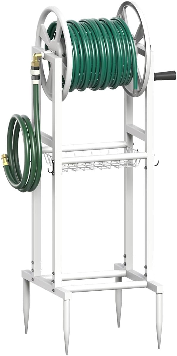 Freestanding Garden Hose Reel holds 125ft Hose of 5/8" with 4 Hooks, 4-Spike Outdoor Hose Holder with 3.9ft Leader Hose & Brass Fitting, Detachable Metal Hose Stand with Storage Rack, White