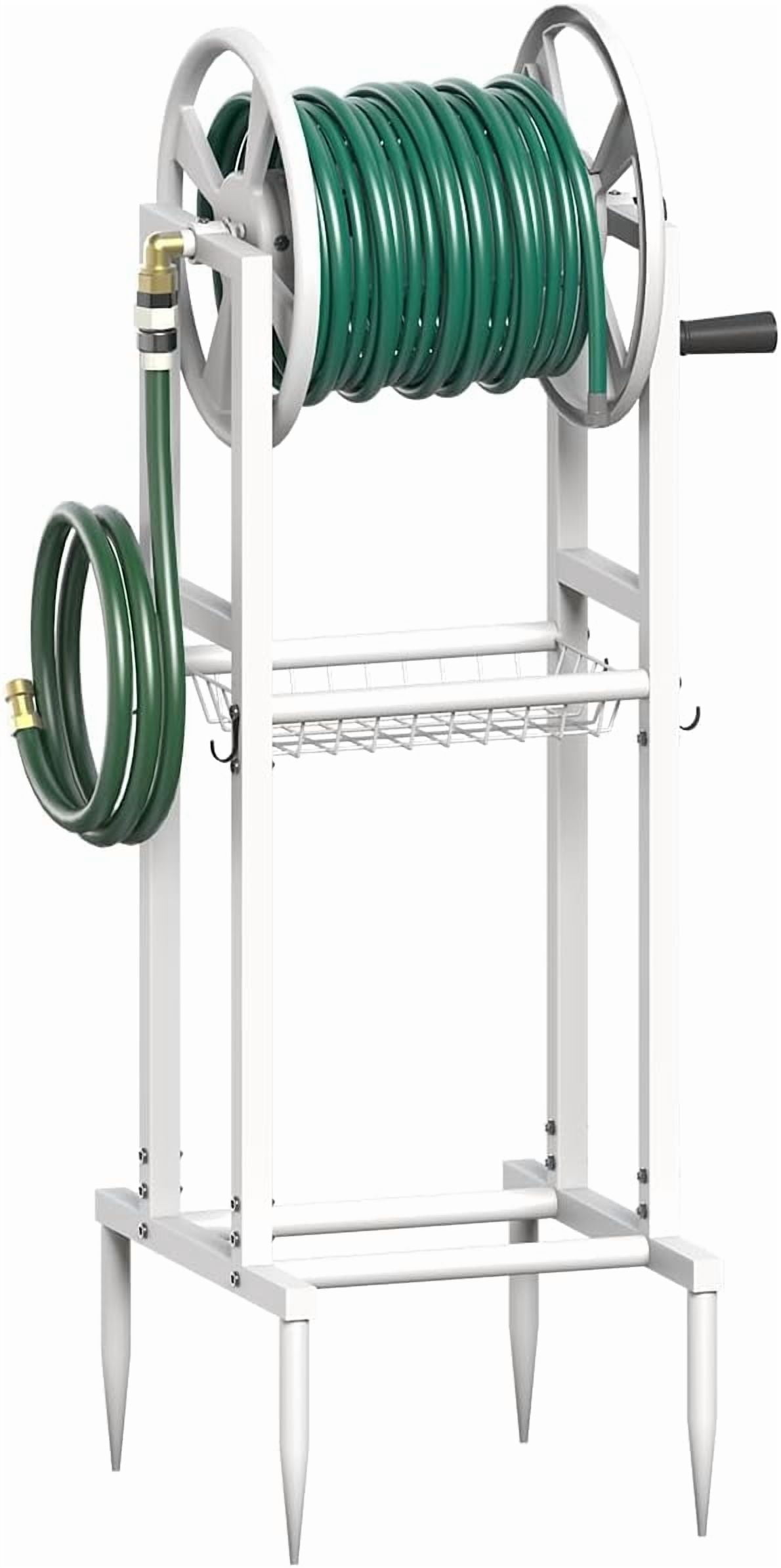Freestanding Garden Hose Reel holds 125ft Hose of 5/8" with 4 Hooks, 4-Spike Outdoor Hose Holder with 3.9ft Leader Hose & Brass Fitting, Detachable Metal Hose Stand with Storage Rack, White