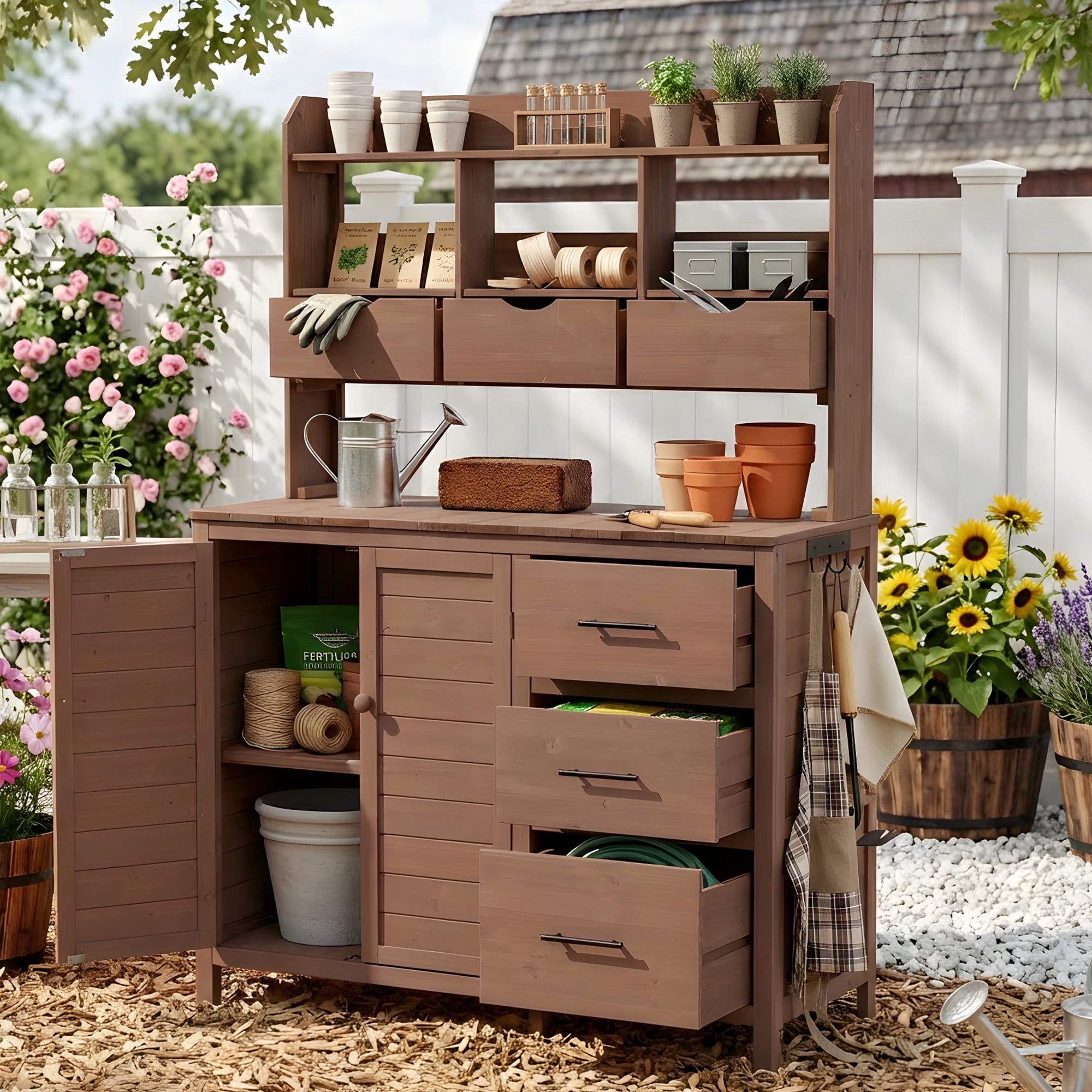 Freestanding Garden Workstation, 44.6x19.5 Inch Farmhouse Outdoor Potting Bench, Brown
