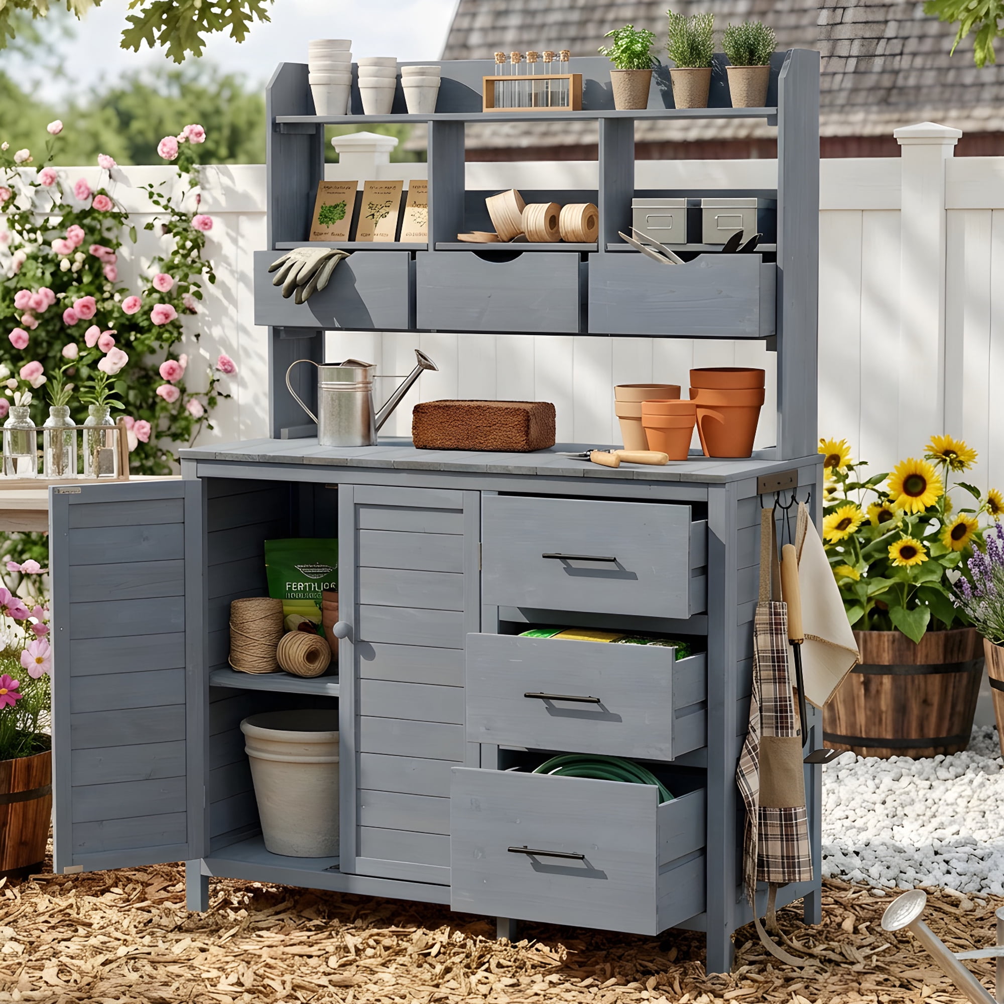 Freestanding Garden Workstation, 44.6x19.5 Inch Farmhouse Outdoor Potting Bench, Gray