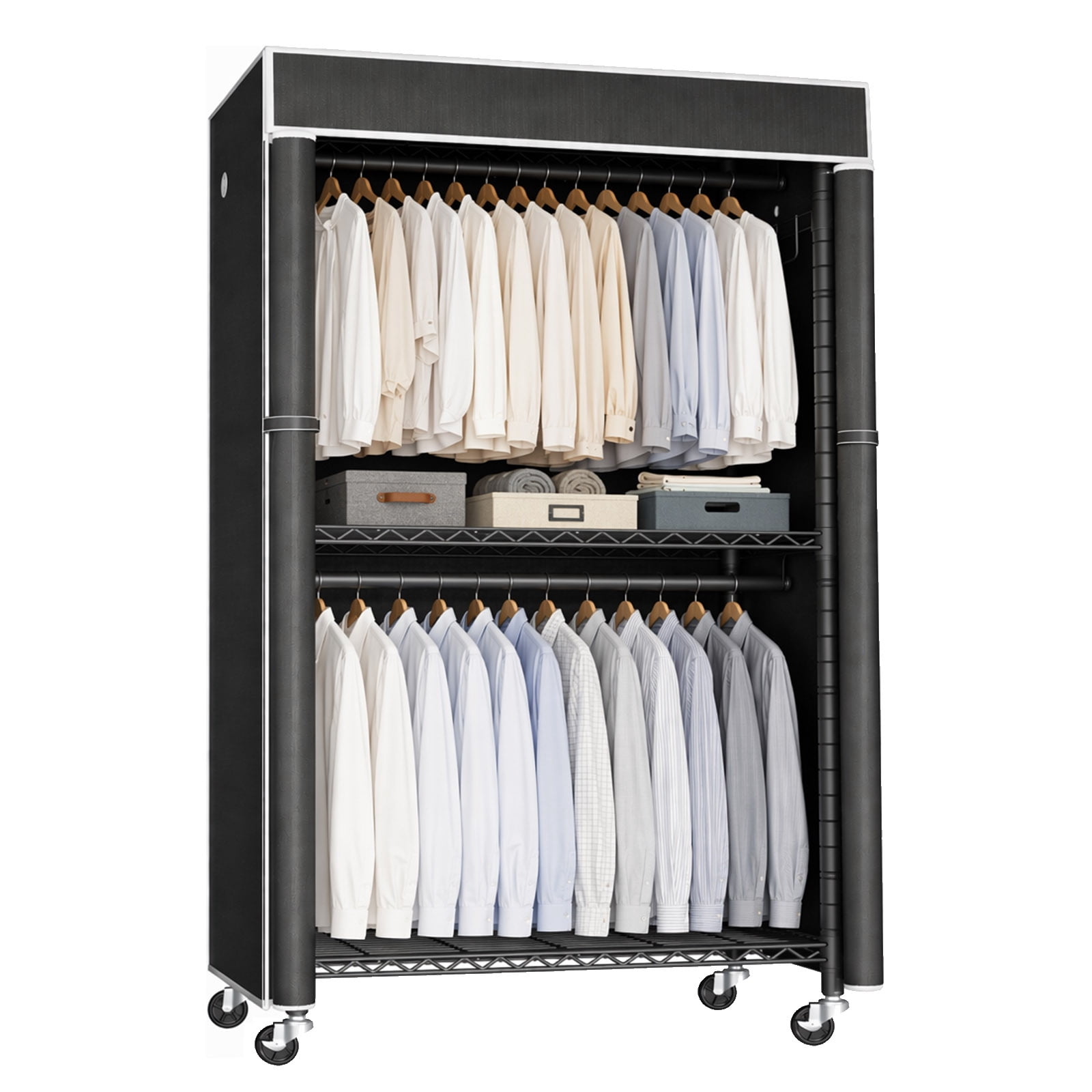 Freestanding Garment Rack with Dust Cover, Single Hanging Rod Metal ...