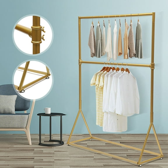 Freestanding Gold Garment Rack Retro Portable Clothes Display Stand 2 Tier