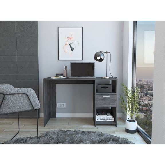Freestanding Gray Office Desk With Storage And Two Open Shelves Modern Rectangular Table One Drawer Shelves, Grey
