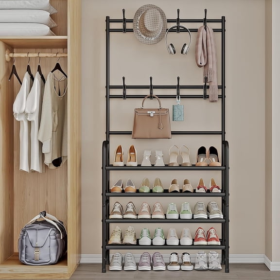 Freestanding Hall Tree Coat Rack with 8 Hooks and 4 Storage Shelves, Black Organizer for Coats Hats Shoes and Bags, Space Saving Solution for Entryway or Bedroom