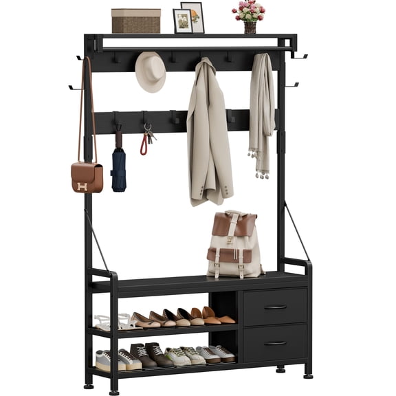 Freestanding Hall Tree with Bench, Coat Rack, 17 Hooks & Drawers in Black