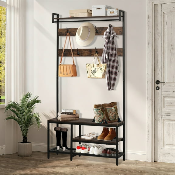 Freestanding Hall Tree with Bench, Coat Rack, Shoe Storage, 5-in-1 Design, 14 Hooks, Hanging Rod, and Drawers for Entryway
