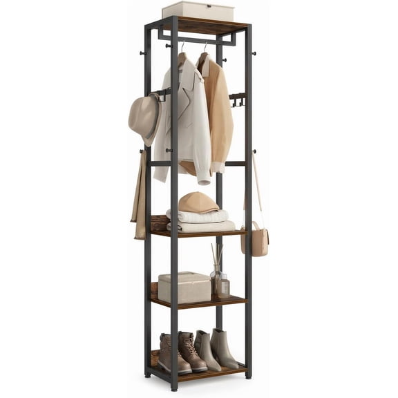 Freestanding Hall Tree with Shelves, Hanging Rail, and Hooks, Steel Frame, Ink Black and Rustic Brown, Industrial Style Bestseling